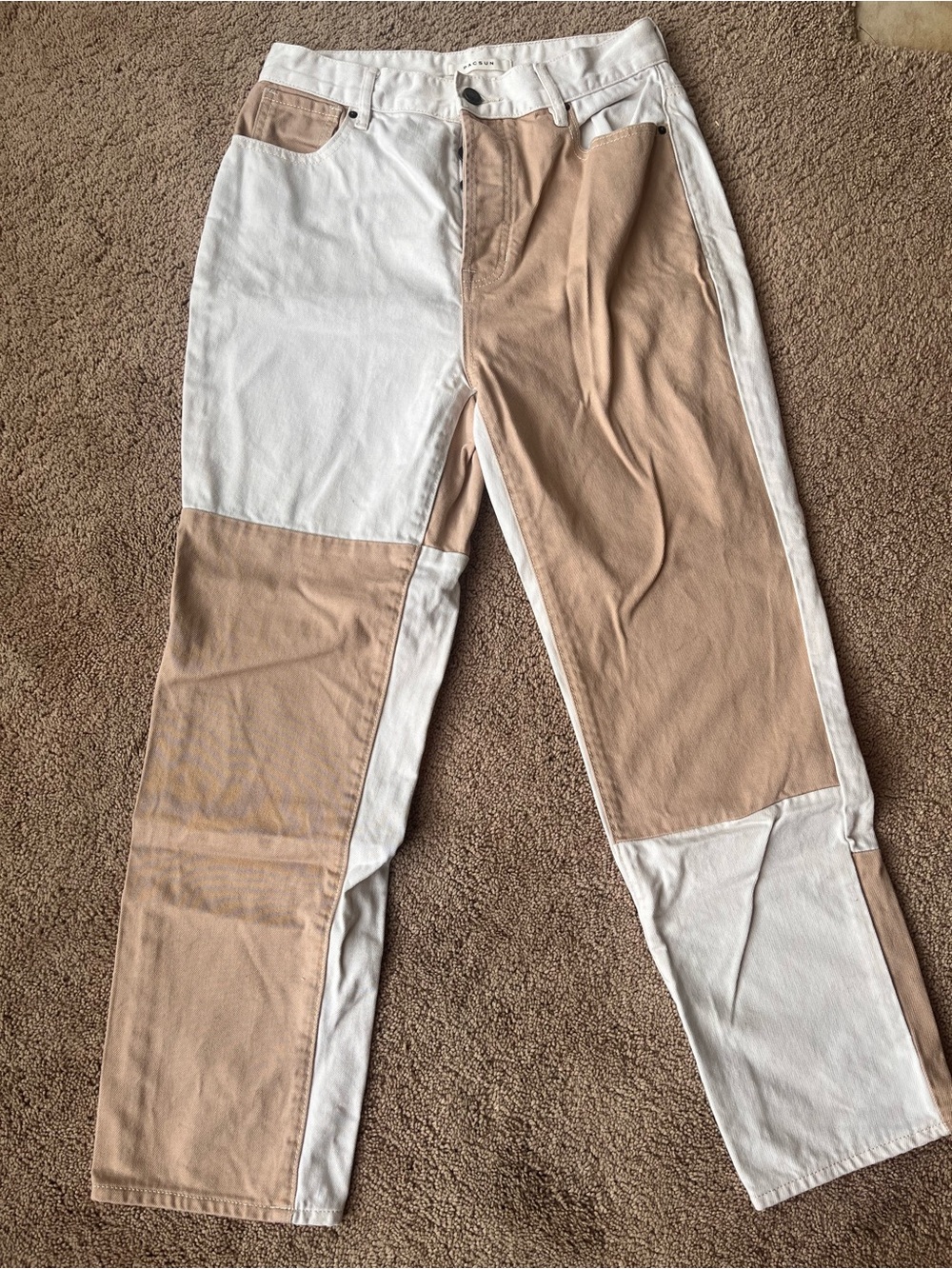 PacSun Two-Tone Patchwork Straight Leg Jeans in White and Tan